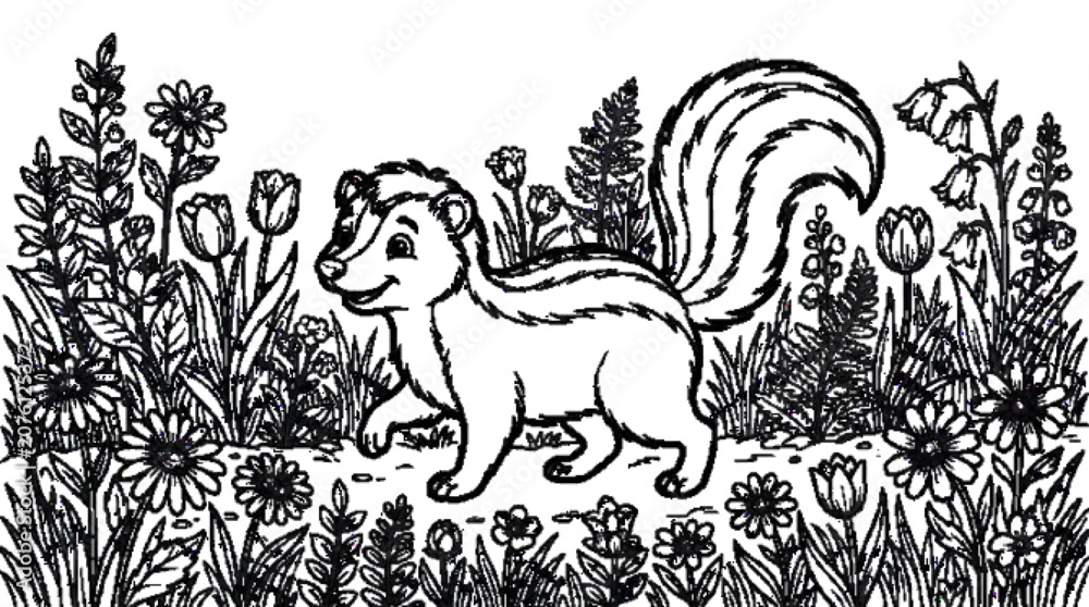Obraz premium A friendly skunk walking through flowers, bold black line art, printable coloring page, white background.