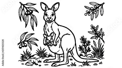 Photos A smiling kangaroo with a joey peeking from the pouch, simple Australian plants, bold black outlines, printable coloring page, white background