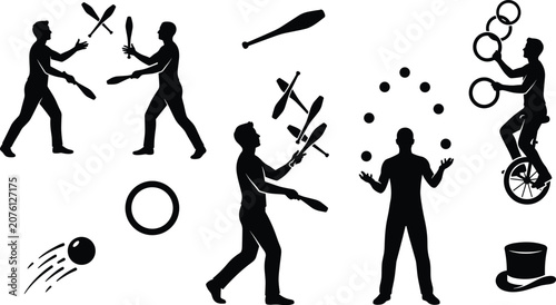 Bild auf Leinwand Juggling Performance Silhouette Vector Set Featuring Circus Artists with Clubs B