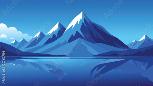 Majestic snow-capped mountains reflected in tranquil blue water during clear daylight vector illustration