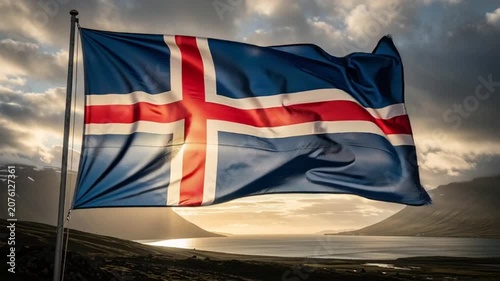 Icelandic National Flag Waving Proudly Against a Dramatic Nordic Sunset Landscape.