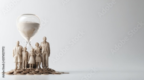 A miniature family stands atop a pile of coins, beneath an hourglass with sand trickling down, symbolizing the passage of time and financial security