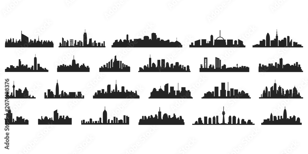 Obraz premium Collection of diverse city skyline silhouettes on a white background Keywords: city, skyline, silhouette, urban, architecture
