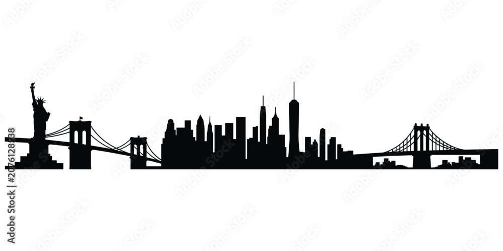 Obraz premium New York City skyline silhouette with Statue of Liberty and bridges Keywords: New York, city, skyline, silhouette, Statue of