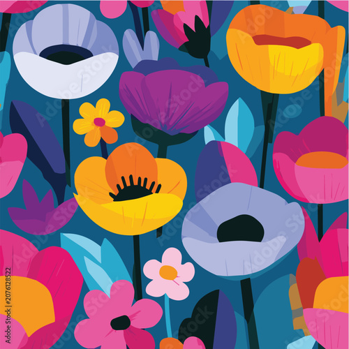 Bright cheerful floral seamless pattern, oversized colorful flowers
