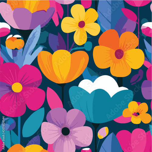 Bright cheerful floral seamless pattern, oversized colorful flowers