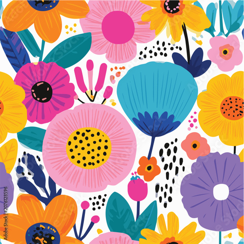 Bright cheerful floral seamless pattern, oversized colorful flowers