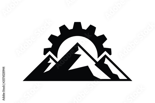 Mountain landscape logo with mechanical gear for engineering service icon.