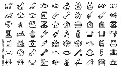 Fotografie Pet Care and Animal Accessories Icon Set with Dogs Cats Birds Fish and Small Pet