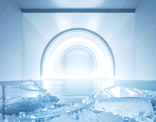 Ice archway in frozen landscape interior.