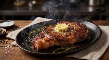 Juicy grilled ribeye steak with melting herb butter in hot cast iron skillet with rising steam