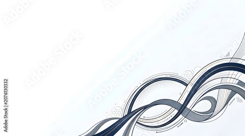 A modern minimalist background featuring fluid, flowing deep blue ribbons, intricate gold linear accents, hexagonal patterns, and scattered dots on a clean white field with ample left-hand copy space.