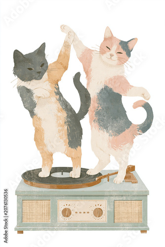 two cats dancing on a record player, bright colours, detailed graphic illustration