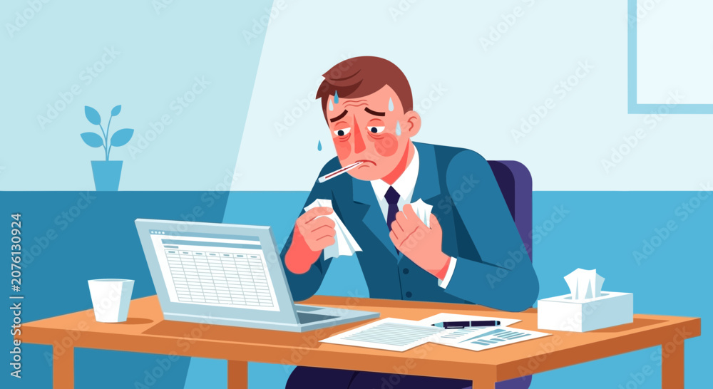 Fototapeta premium Stressed Businessman Suffering From Flu or Cold Symptoms Whilst Working At The Office