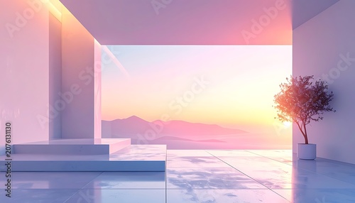 Modern architecture with serene sunset view.
