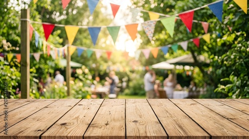 Vibrant outdoor party scene with wooden table and colorful bunting