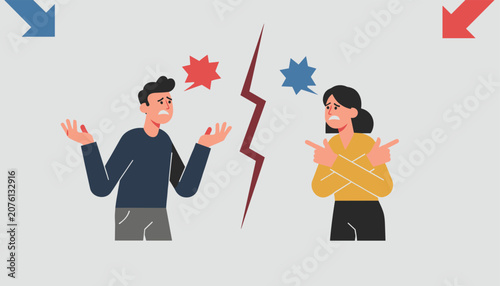 Angry man and woman arguing with a red lightning bolt symbol dividing them to depict relationship conflict or divorce.