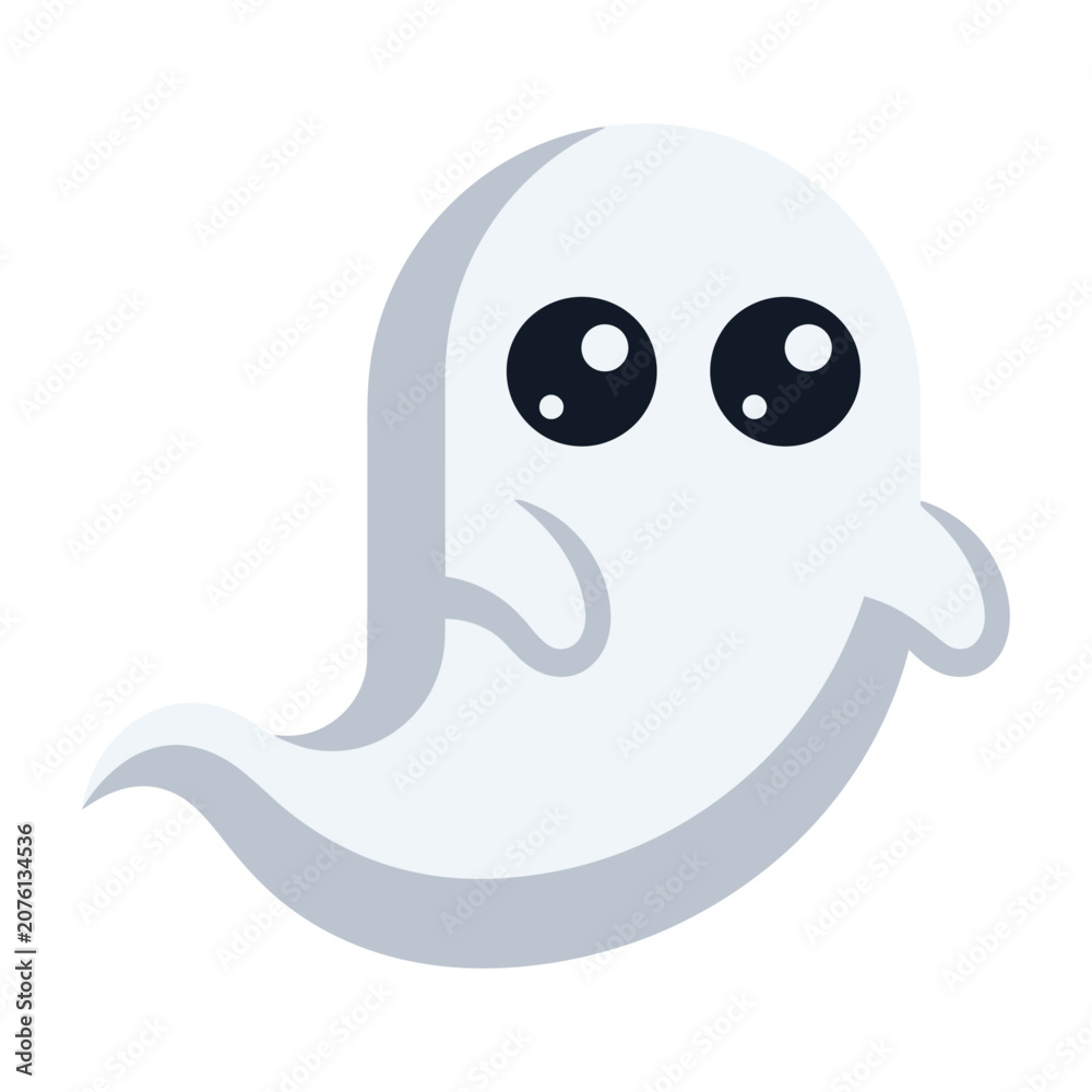 Obraz premium Cute ghost vector illustration with big eyes, friendly white phantom character for Halloween, spooky cartoon spirit icon isolated on white