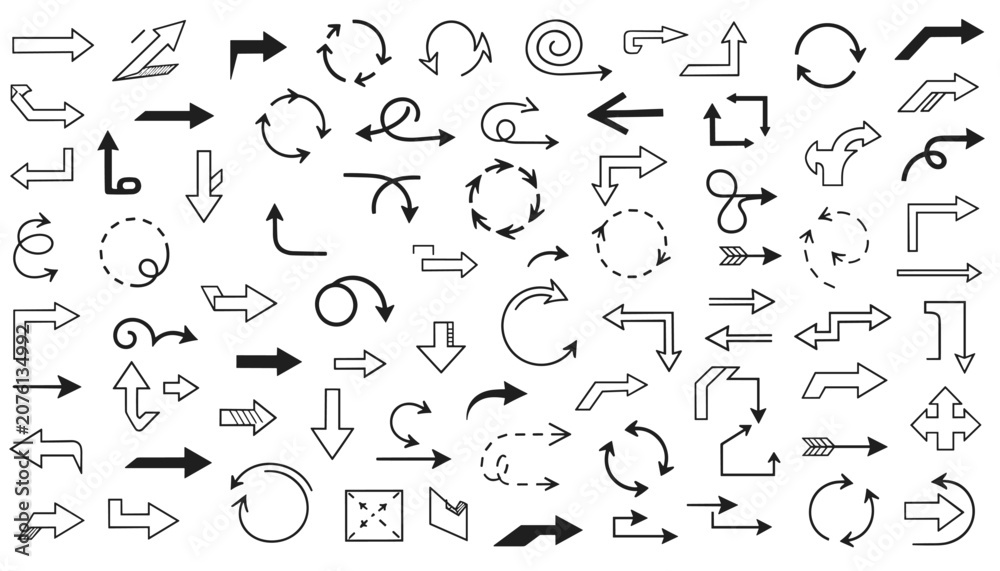 Fototapeta premium Large collection of black and white arrow signs in various styles, directions, curves, and dashed lines.