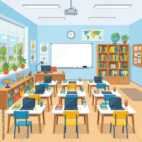 Educational Classroom Setting with Desks, Laptops, Whiteboard, and World Map