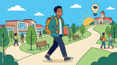 Happy Student Walking on School Campus Path Toward Academic Success with Books and Backpack in a Vibrant Educational Environment Illustration