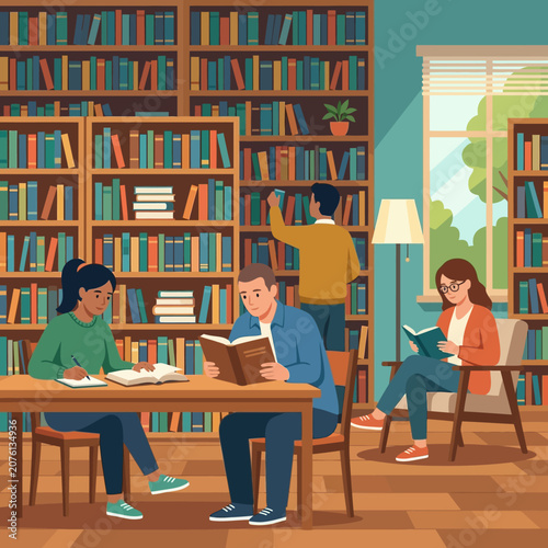 Group of diverse students studying together in a quiet library surrounded by bookshelves and warm sunlight