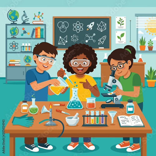 Diverse group of excited children in a vibrant classroom conducting a fun science experiment