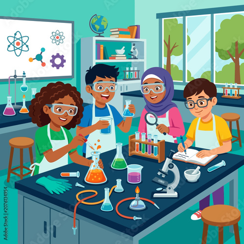Diverse group of young students performing scientific experiments in a modern school chemistry laboratory classroom setting