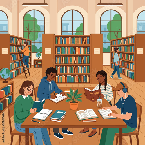 Diverse group of young students engrossed in reading and studying within a spacious, well-lit library with rows of bookshelves