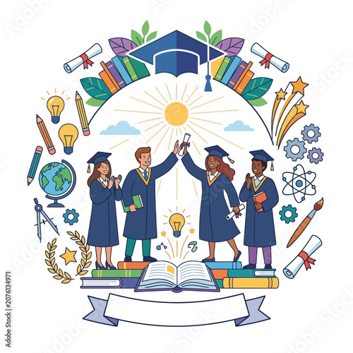 Celebration of graduation and academic achievement featuring students in gowns surrounded by symbols of knowledge and education