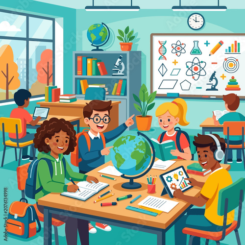 Diverse Group of Elementary School Students Studying and Learning Science in a Colorful Modern Classroom with a Globe