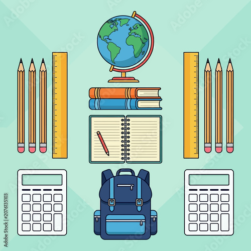 Flat vector illustration of essential school supplies and education tools including globe, books, pencils, and backpack