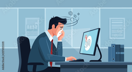 Stressed Businessman Experiencing Digital Fatigue at His Office Workstation Feeling Overwhelmed