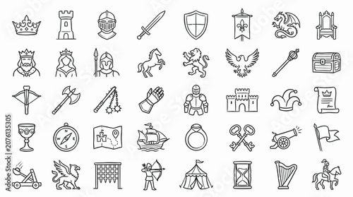 Collection of medieval fantasy icons and symbols in a line art style, representing royalty, warfare, and mythical creatures.