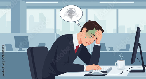 Stressed Businessman Experiencing Overwhelm At His Office Desk With Emotional Distress