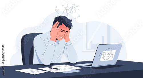 Stressed Businessman Experiencing Overwhelm At Desktop Computer And Work Papers