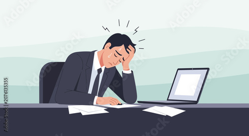 Stressed Businessman Experiencing Overwhelm At His Office Desk With Laptop And Papers