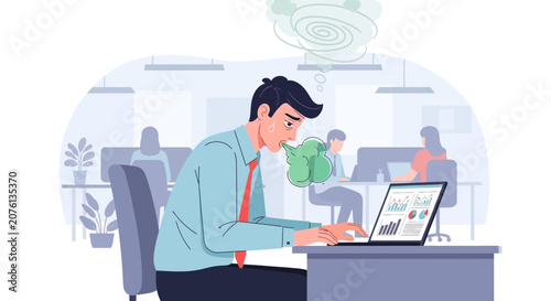 Stressed Businessman Experiencing Overwork in Office with Graphs on Laptop Screen