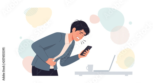 Stressed Businessman Experiencing Pain While Using His Smartphone, Modern Office Concept