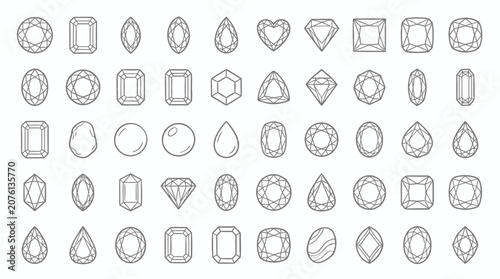 Bilde på lerret Collection of various cut gemstones and precious stones in a clean line art style