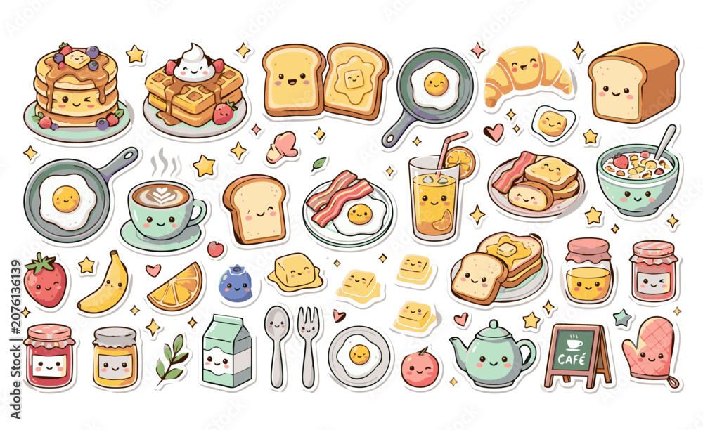 Fototapeta premium Cute Hand Drawn Breakfast Cafe Sticker Collection, Kawaii Pancakes Waffles Toast and Fried Egg Doodles, Adorable Coffee Croissant Bacon and Fruit Jam Clipart Pack