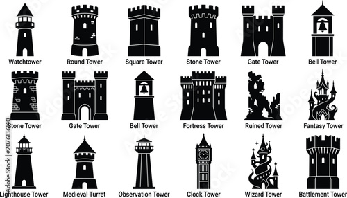 Bild auf Leinwand Castle Towers and Medieval Fortress Silhouette Icon Set