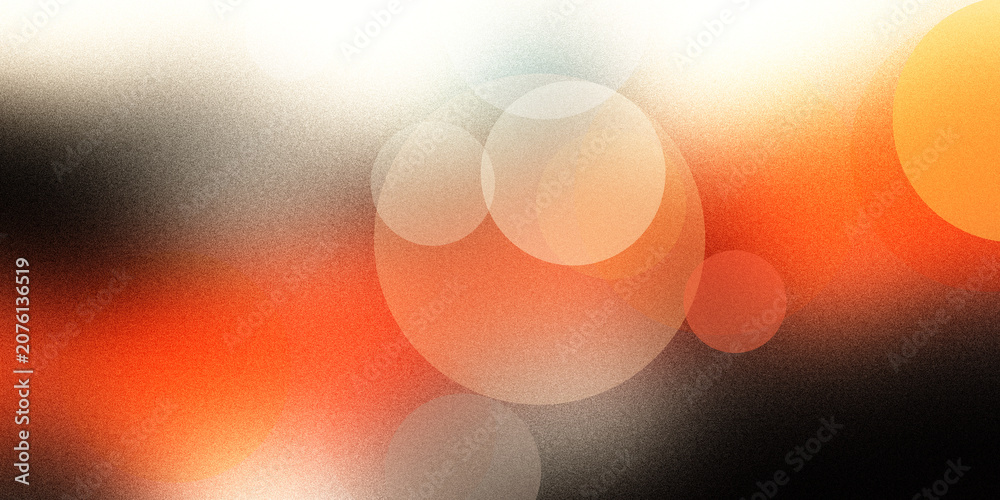 Fototapeta premium Abstract background featuring floating circles with orange and warm lighting effects on dark grainy textured base surface area.