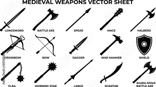 Fotografía Medieval Weapons and Knight Armament Silhouette Vector Icon Set