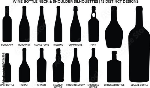 Obraz na płótnie Wine bottle shapes and types silhouette vector illustration set featuring Bordea