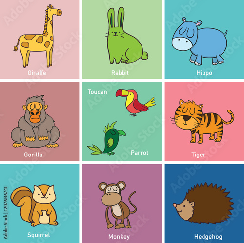 A colorful set of cute hand-drawn cartoon animals arranged in a playful grid with simple pastel backgrounds, ideal for children's designs, education, and creative projects.