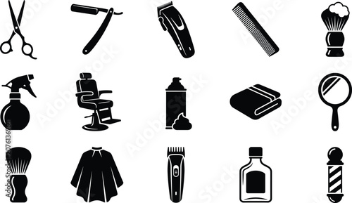 Tableau sur toile Barber shop tools and hairdressing equipment black silhouette vector icon set in