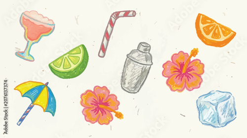 Photos Collection of colorful hand-drawn summer cocktail ingredients and accessories on a white background