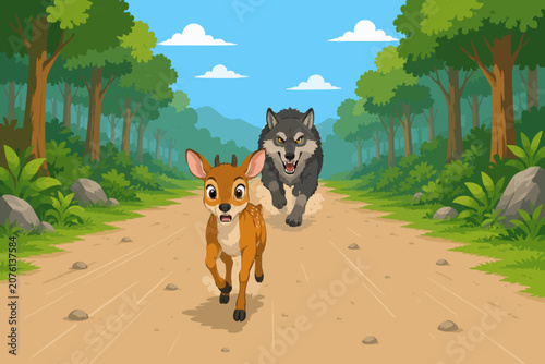 Canvastavla A terrified mouse deer is sprinting as fast as it can through a forest while a fierce wolf relentlessly chases it from behind