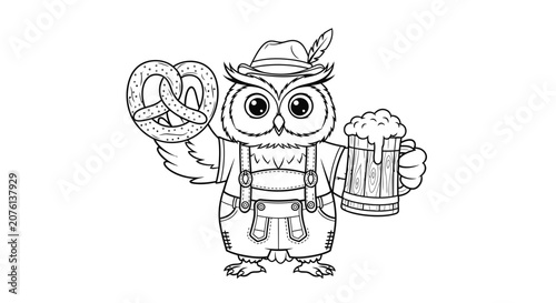Cute Cartoon Owl in Lederhosen with Pretzel and Beer Mug